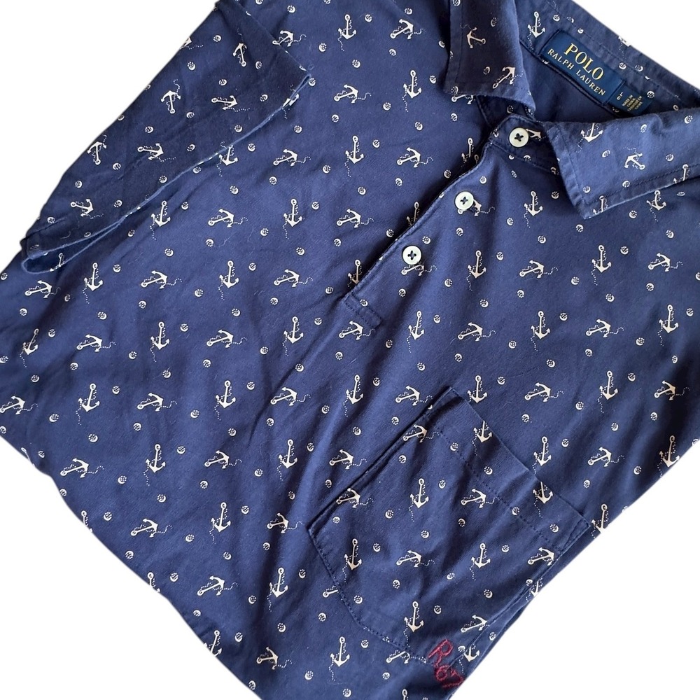 Polo Ralph Lauren Shirt Men's Large Navy Blue Anchor Print Short Sleeve Polo AOP